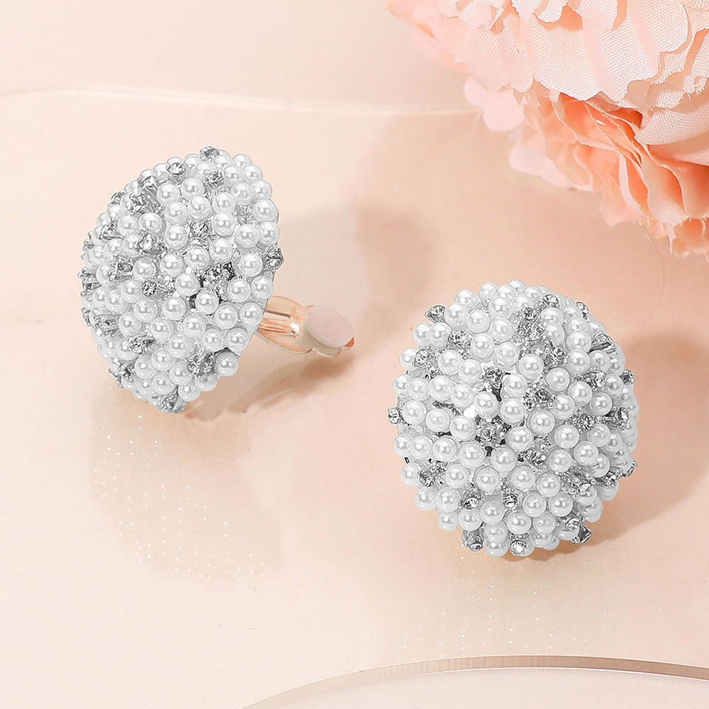 Madeline Love Silver, White Beaded Pearl Rhinestone Embellished Dome Clip On Earrings