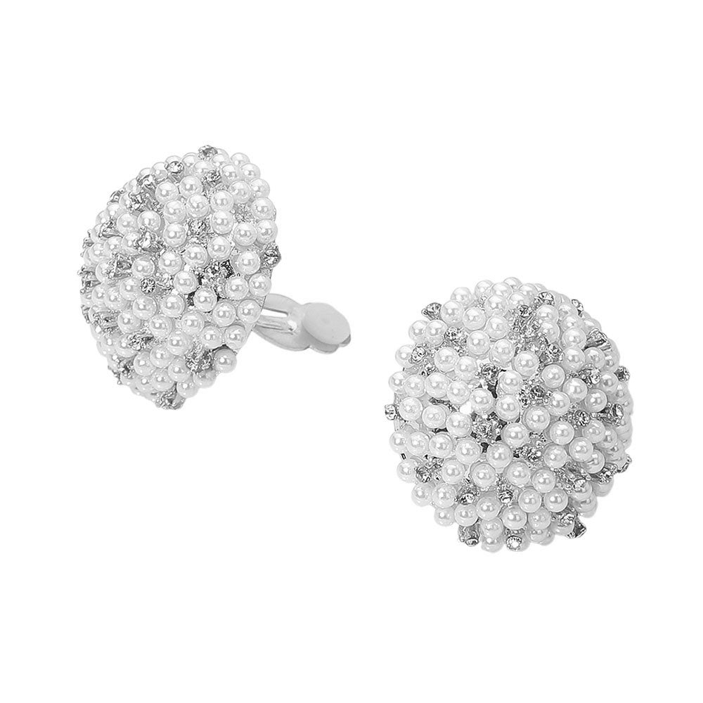 Madeline Love Silver, White Beaded Pearl Rhinestone Embellished Dome Clip On Earrings - desc