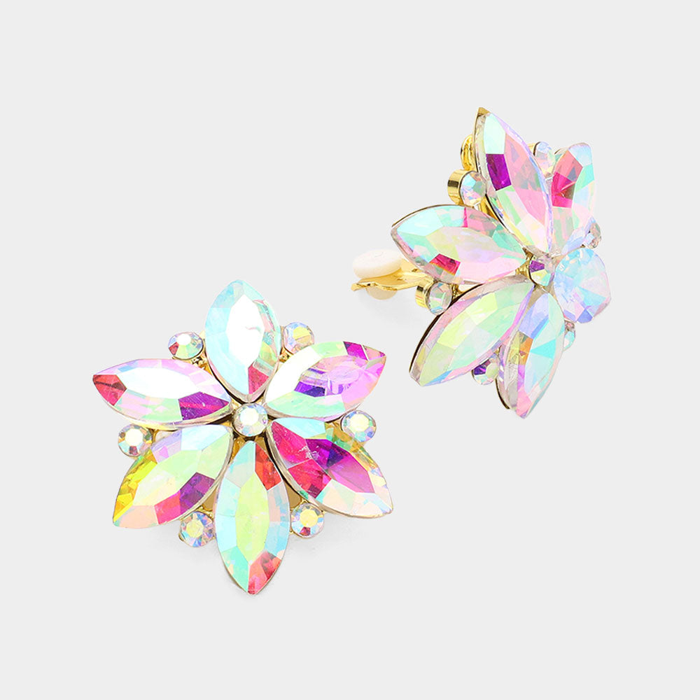 Madeline Love AB, Gold Marquise Glass Stone Cluster Flower Clip On Evening Earrings