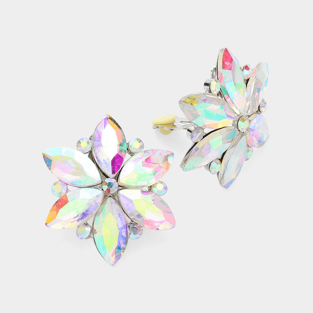 Madeline Love AB, Silver Marquise Glass Stone Cluster Flower Clip On Evening Earrings