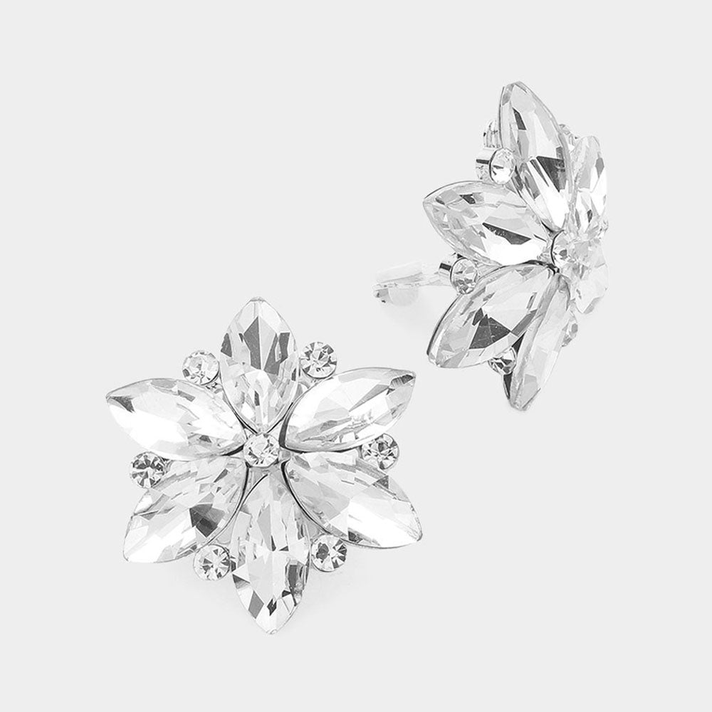 Madeline Love Clear, Silver Marquise Glass Stone Cluster Flower Clip On Evening Earrings
