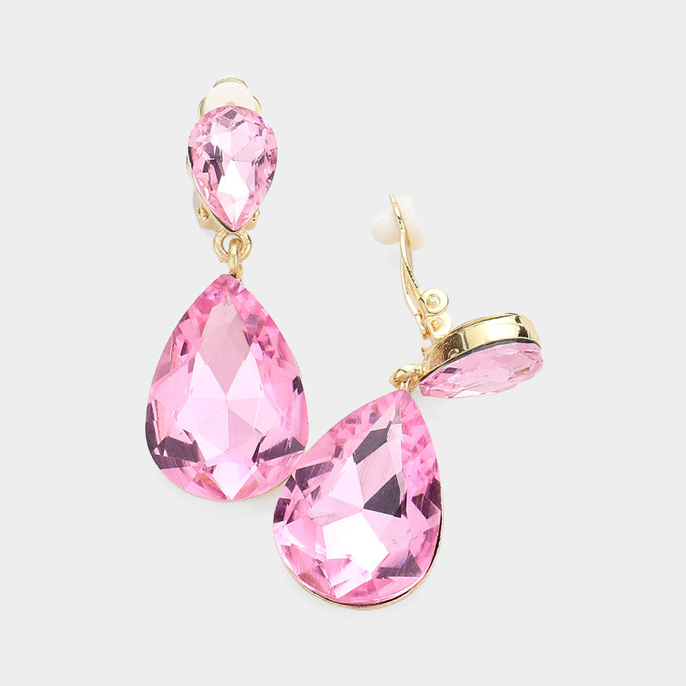 Madeline Love Lt Rose Double Teardrop Stone Link Clip on Evening Earrings