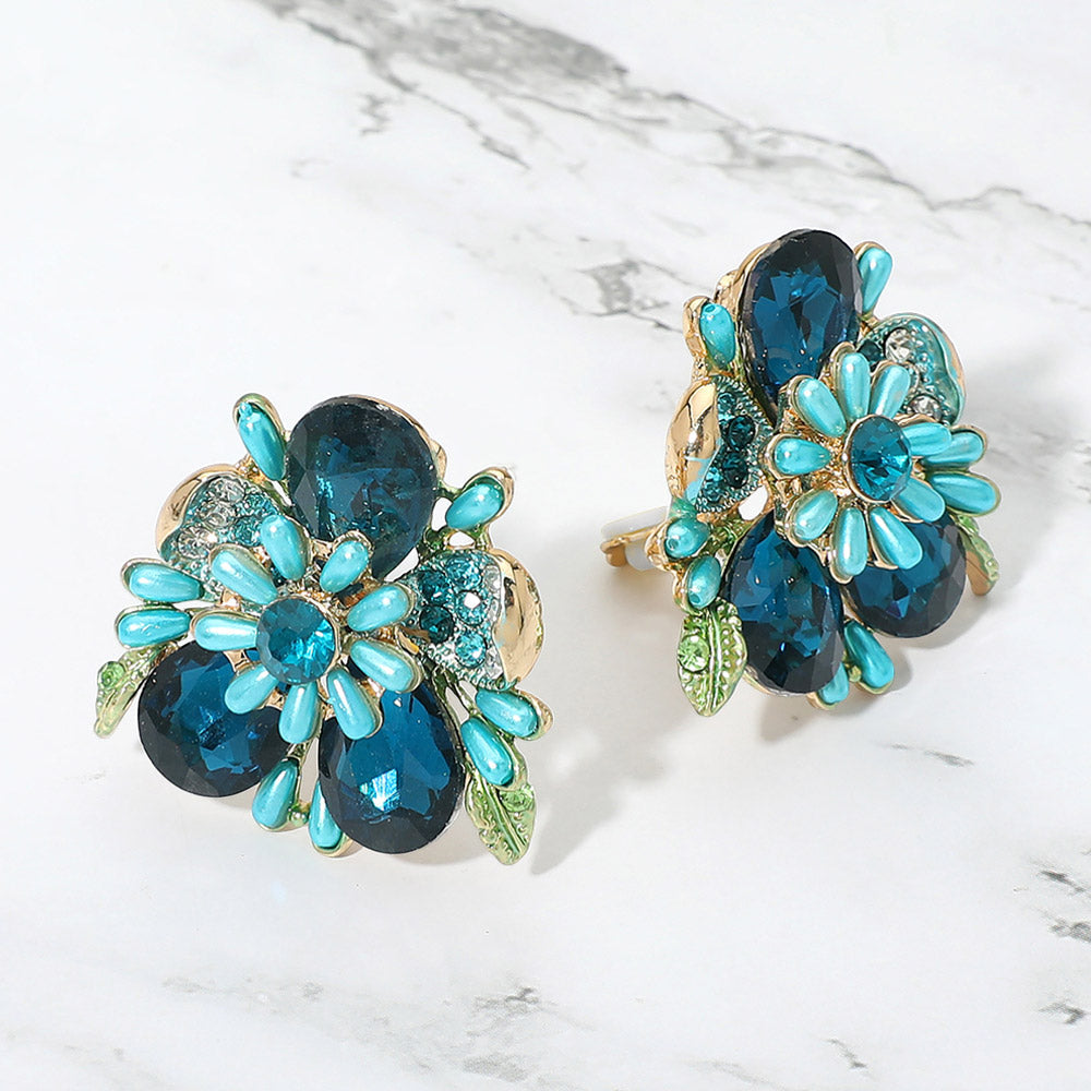 Madeline Love Blue, Gold Bold Floral Evening Clip On Earrings