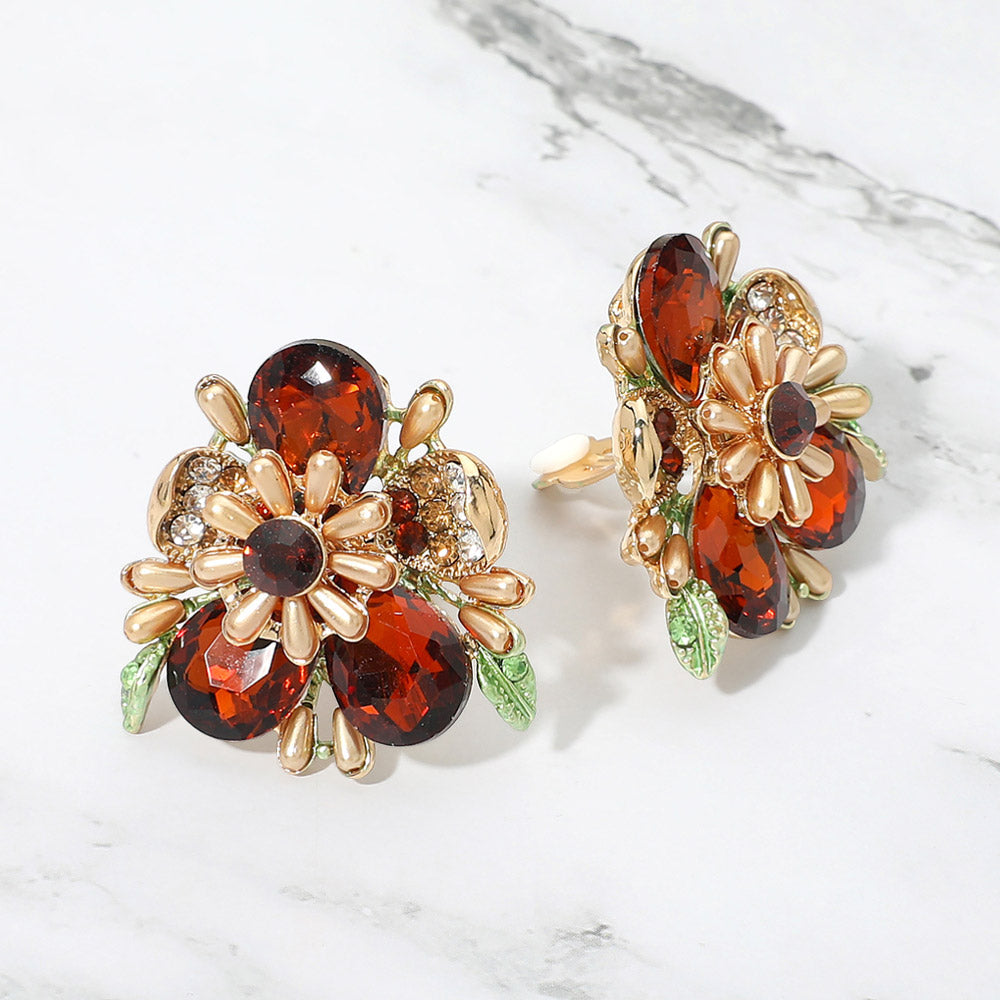 Madeline Love Brown, Gold Bold Floral Evening Clip On Earrings
