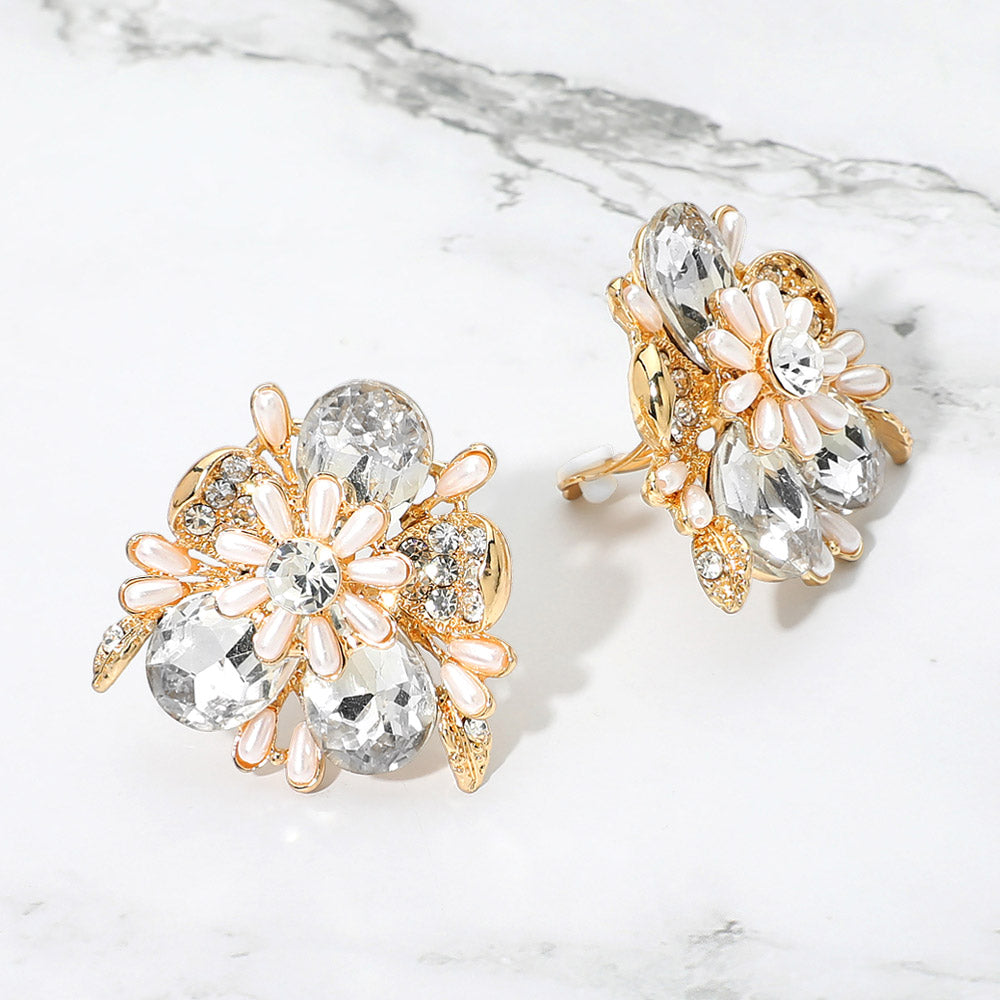 Madeline Love Clear, Gold Bold Floral Evening Clip On Earrings