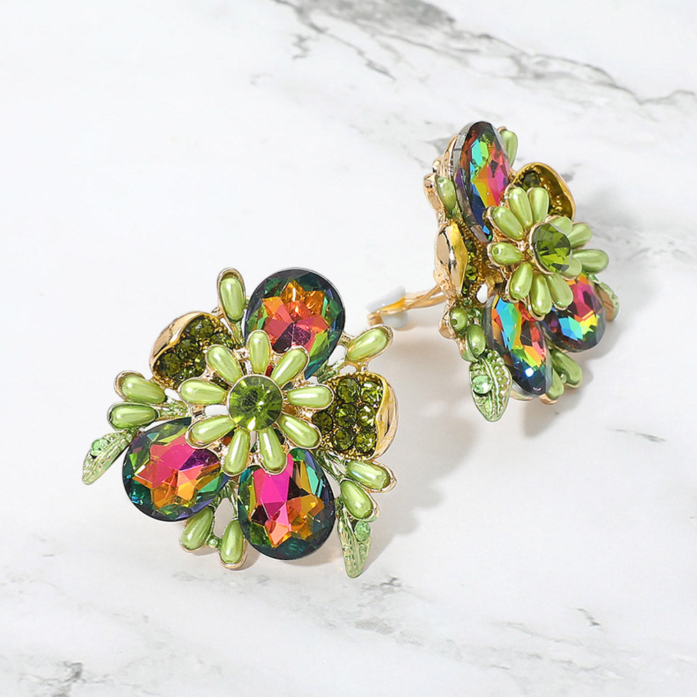 Madeline Love Gold, Vitrail Medium Bold Floral Evening Clip On Earrings
