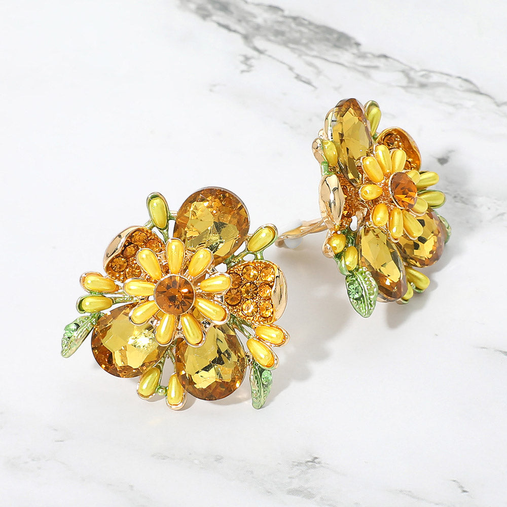 Madeline Love Gold, Yellow Bold Floral Evening Clip On Earrings