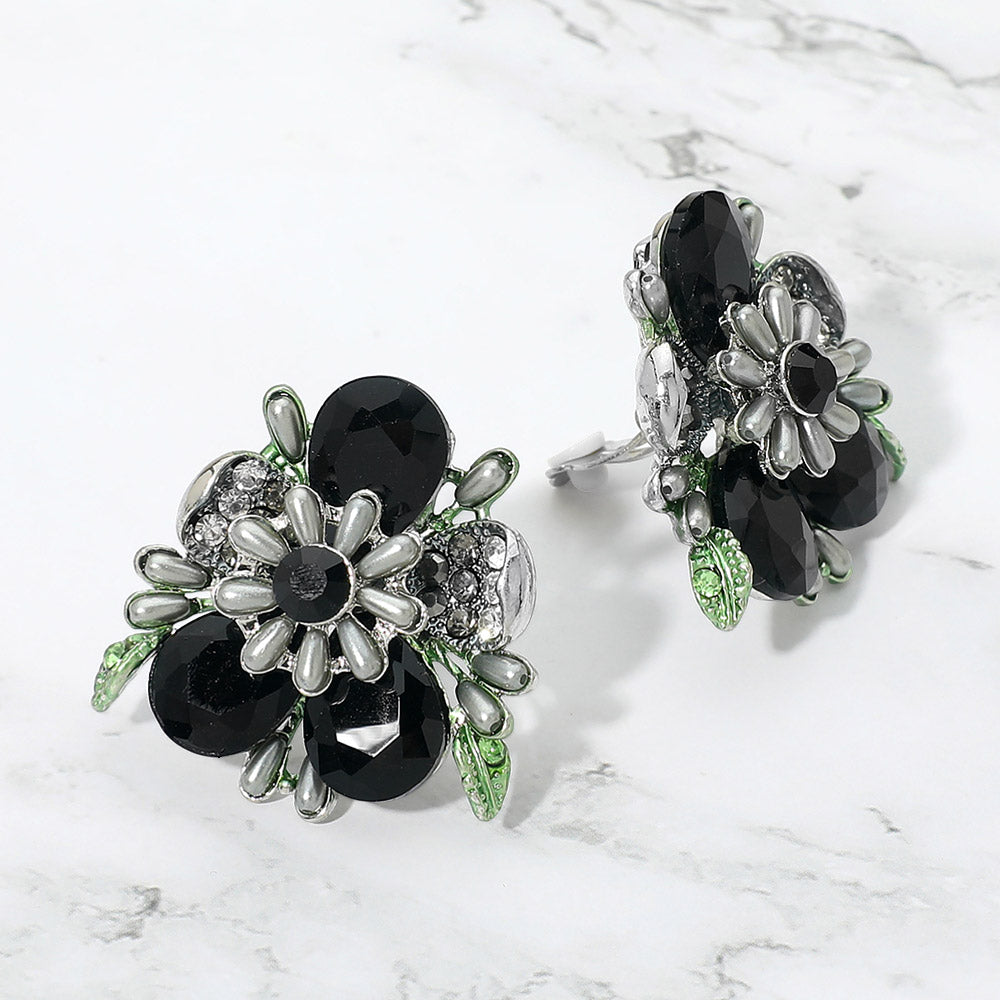 Madeline Love Hematite, Rhodium Bold Floral Evening Clip On Earrings