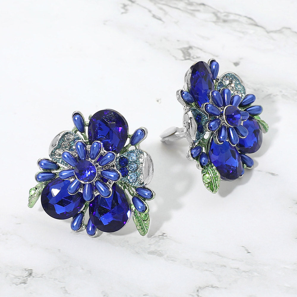 Madeline Love Rhodium, Royal Blue Bold Floral Evening Clip On Earrings