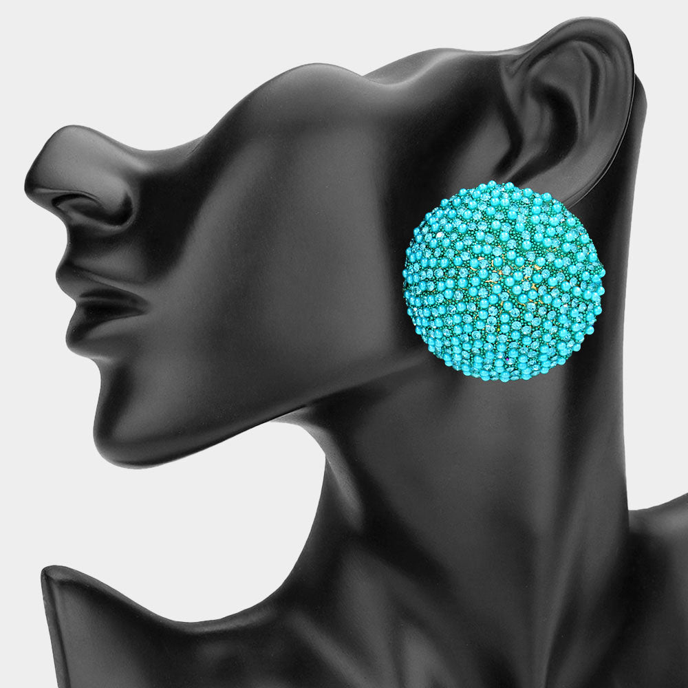 Madeline Love Aqua Bold Bling Studded Round Clip On Earrings