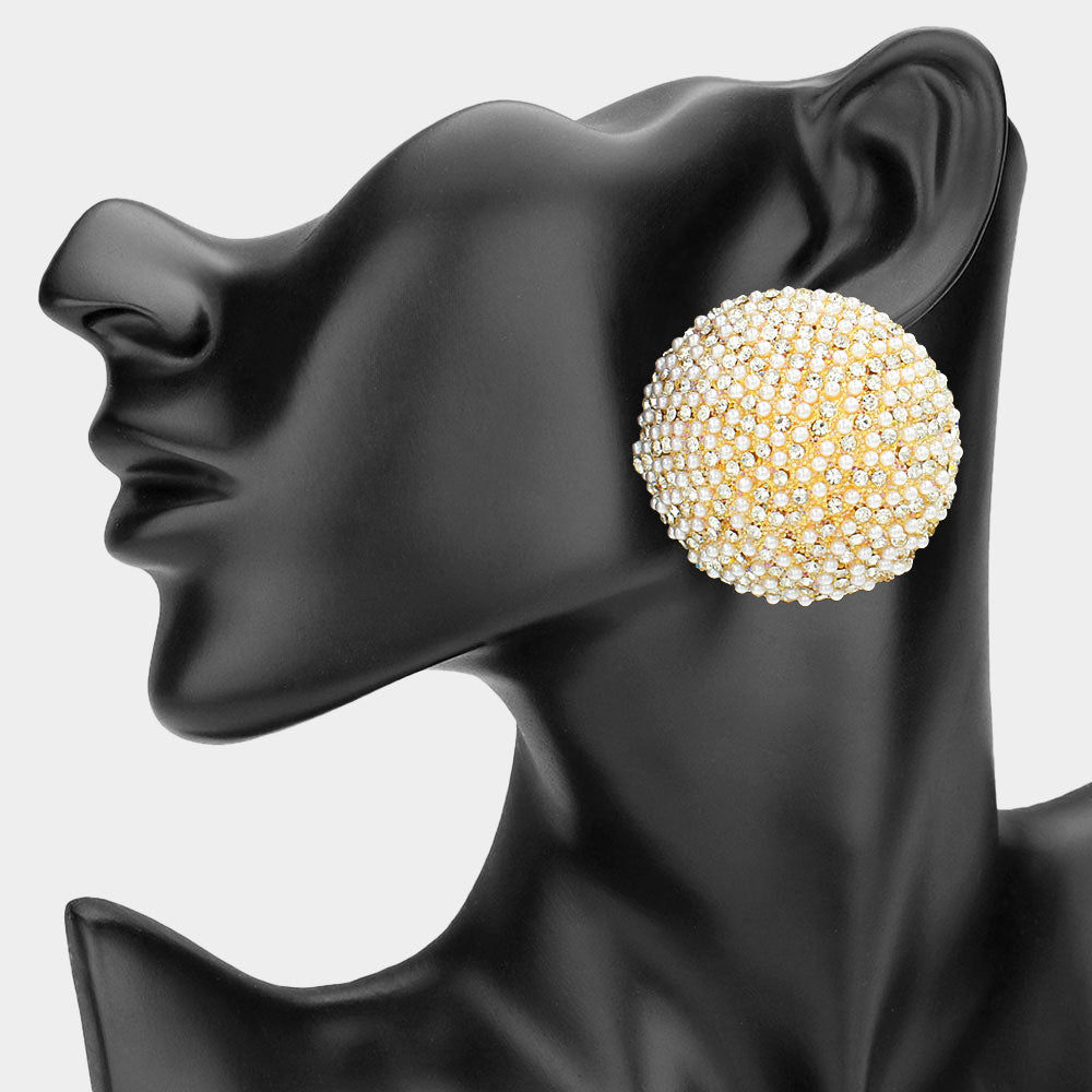 Madeline Love Cream, Gold Bold Bling Studded Round Clip On Earrings
