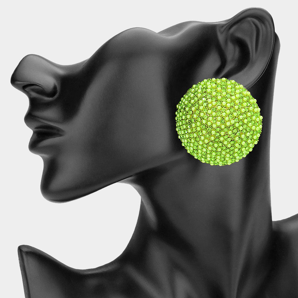 Madeline Love Green, Lime Bold Bling Studded Round Clip On Earrings