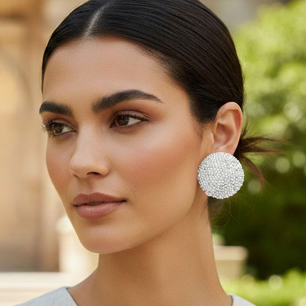 Madeline Love Rhodium, White Bold Bling Studded Round Clip On Earrings