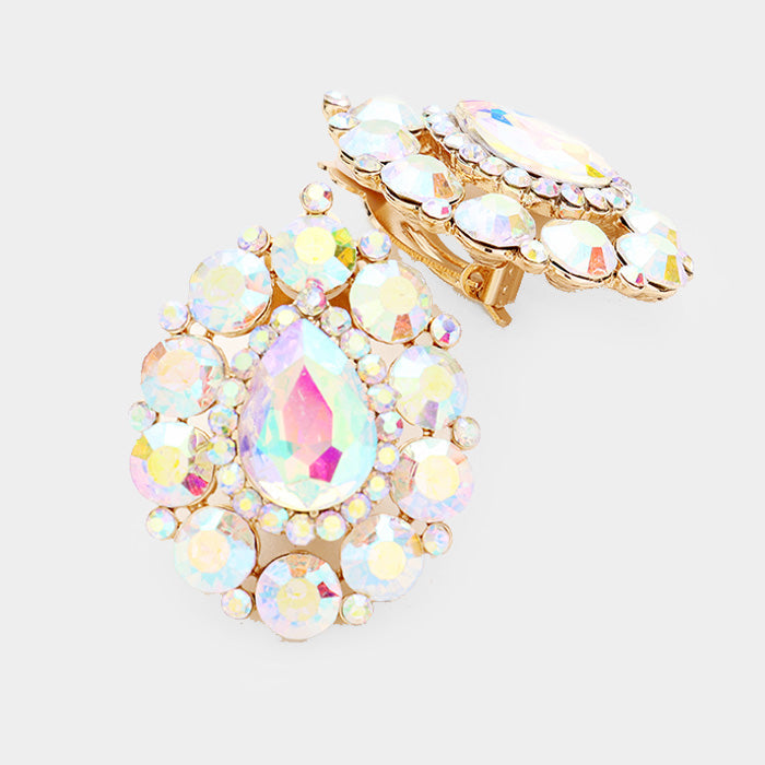 Madeline Love AB, Gold Crystal Round Trimmed Teardrop Clip On Evening Earrings