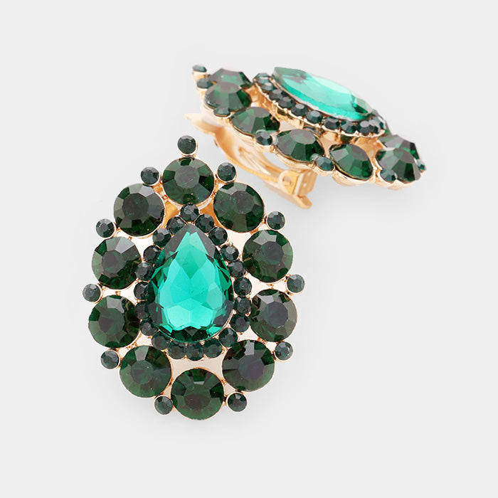 Madeline Love Gold, Green Crystal Round Trimmed Teardrop Clip On Evening Earrings