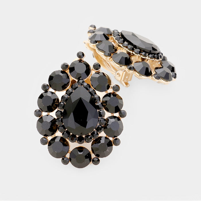 Madeline Love Gold, Jet Black Crystal Round Trimmed Teardrop Clip On Evening Earrings