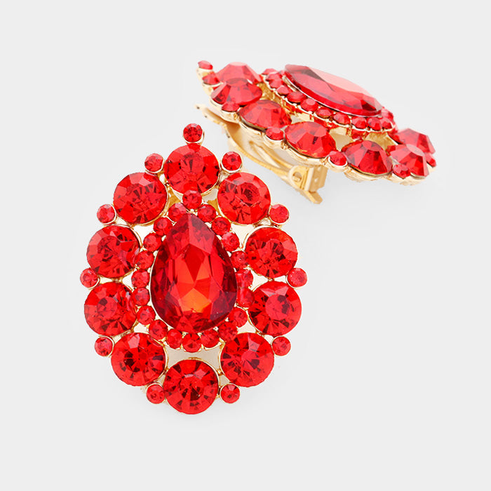 Madeline Love Gold, Red Crystal Round Trimmed Teardrop Clip On Evening Earrings