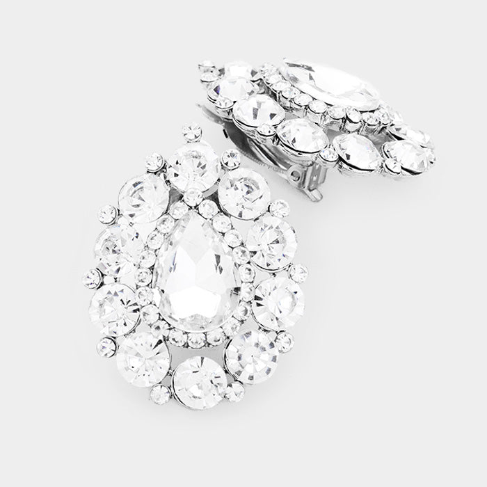 Madeline Love Clear, Rhodium Crystal Round Trimmed Teardrop Clip On Evening Earrings