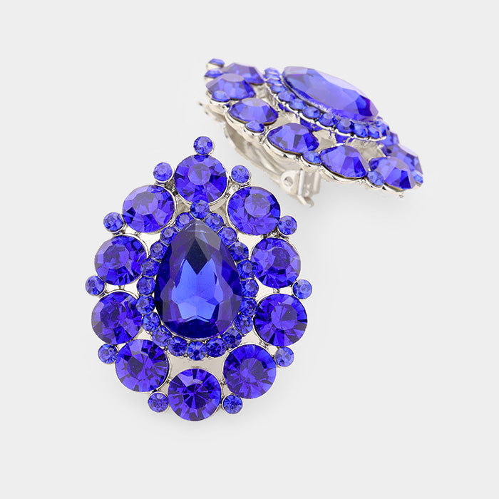 Madeline Love Rhodium, Royal Blue Crystal Round Trimmed Teardrop Clip On Evening Earrings