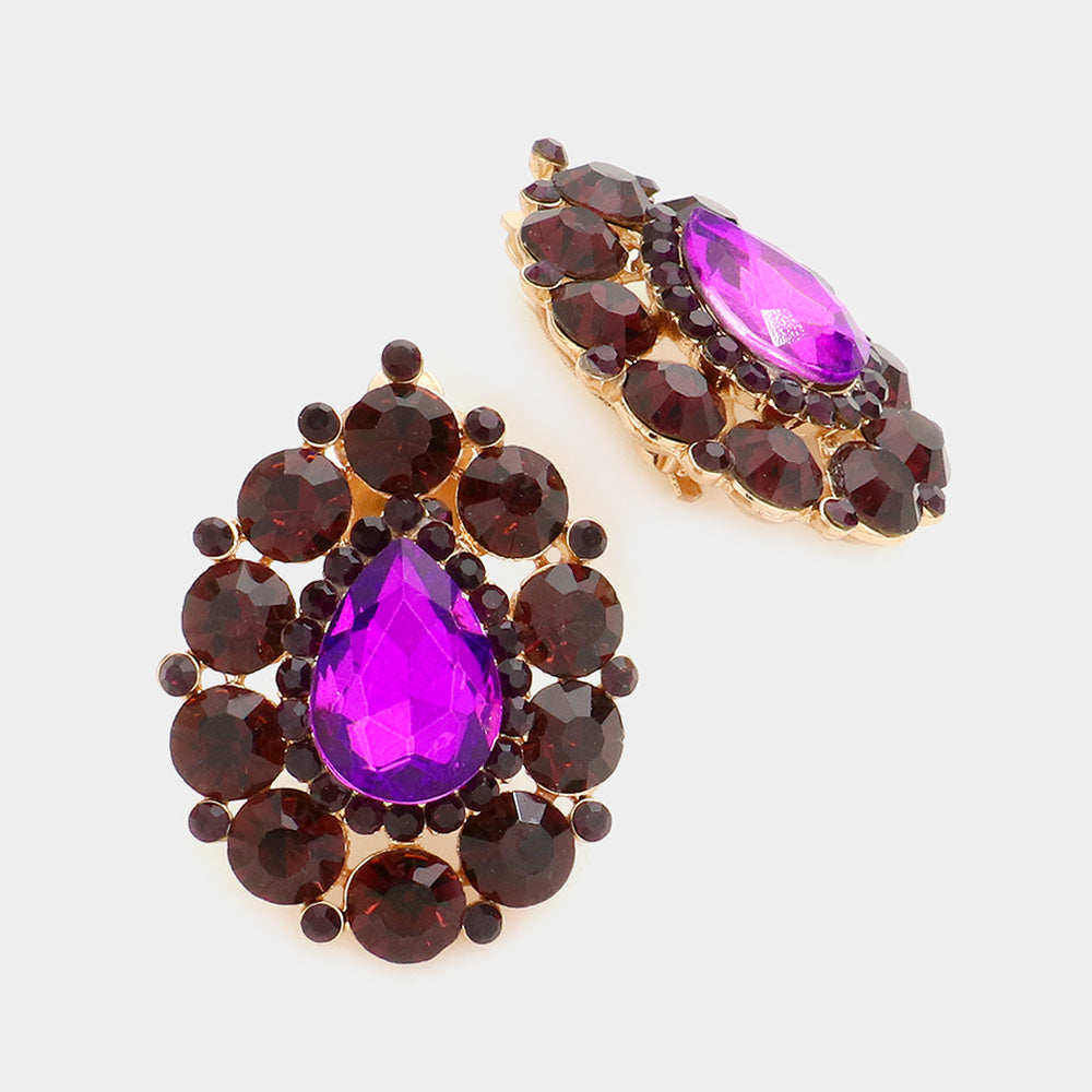 Madeline Love Gold, Purple Crystal Round Trimmed Teardrop Clip On Evening Earrings