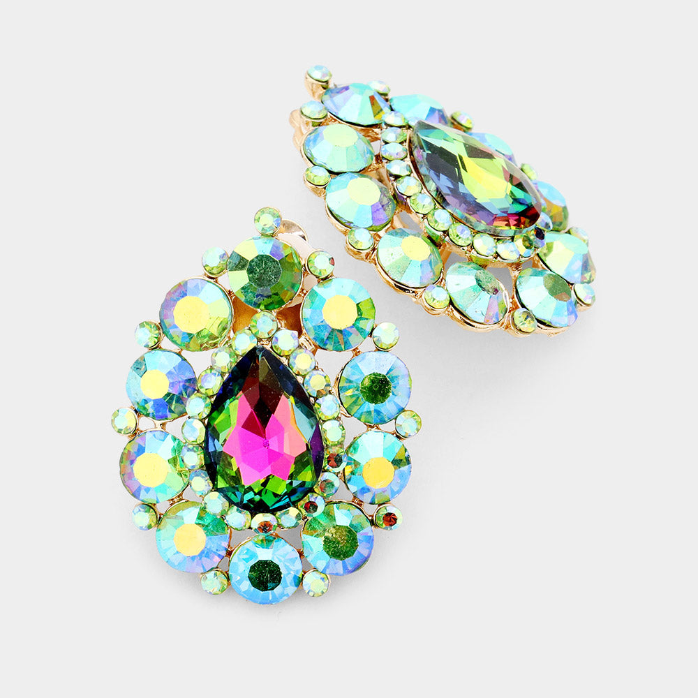 Madeline Love Vitrail Medium Crystal Round Trimmed Teardrop Clip On Evening Earrings