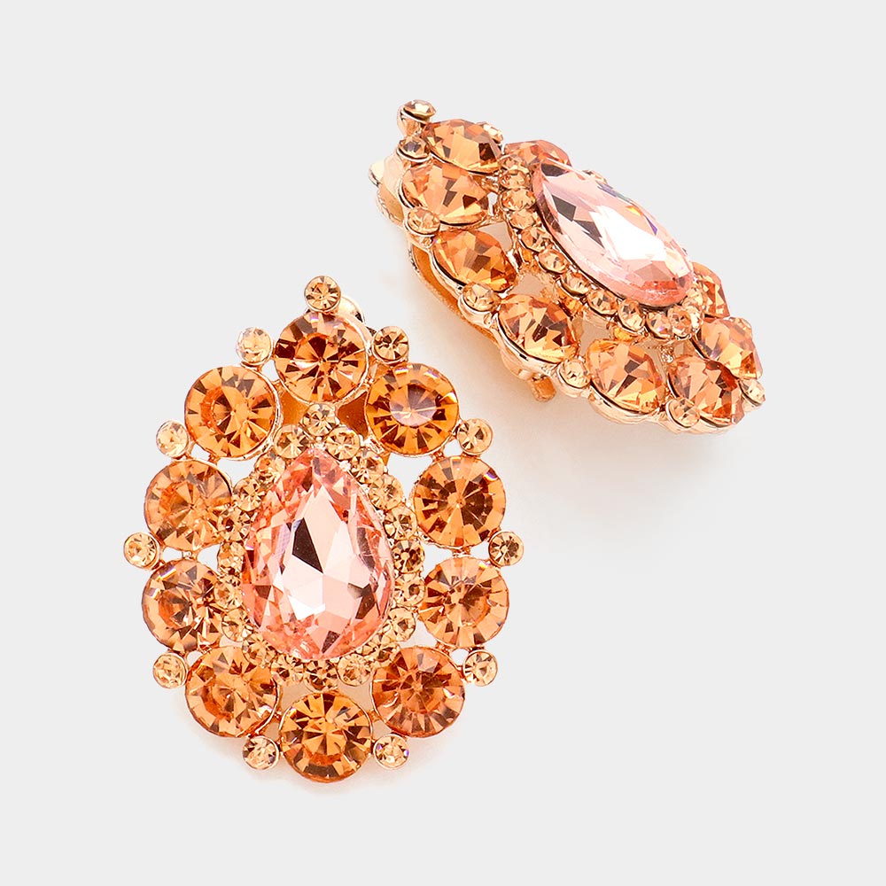 Madeline Love Peach Crystal Round Trimmed Teardrop Clip On Evening Earrings