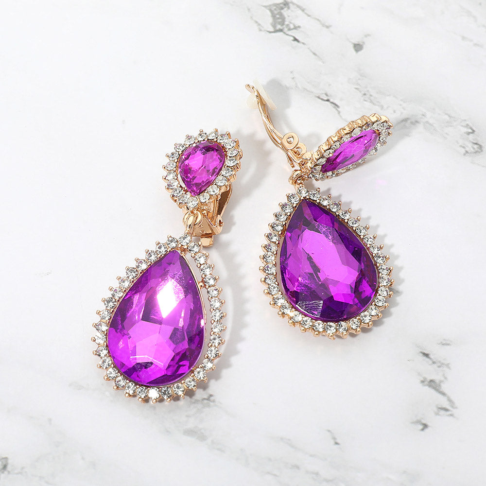 Madeline Love Gold, Purple Crystal Pave Trim Teardrop clip on Earrings