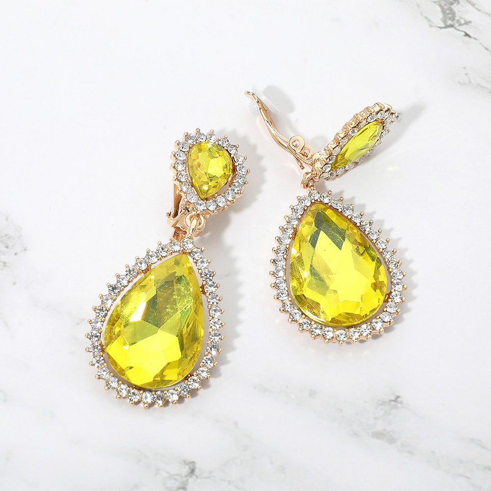 Madeline Love Gold, Yellow Crystal Pave Trim Teardrop clip on Earrings