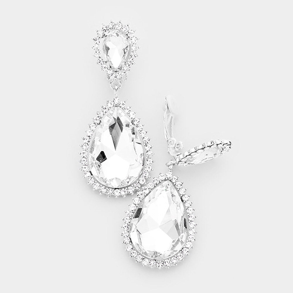Madeline Love Clear, Rhodium Crystal Pave Trim Teardrop clip on Earrings