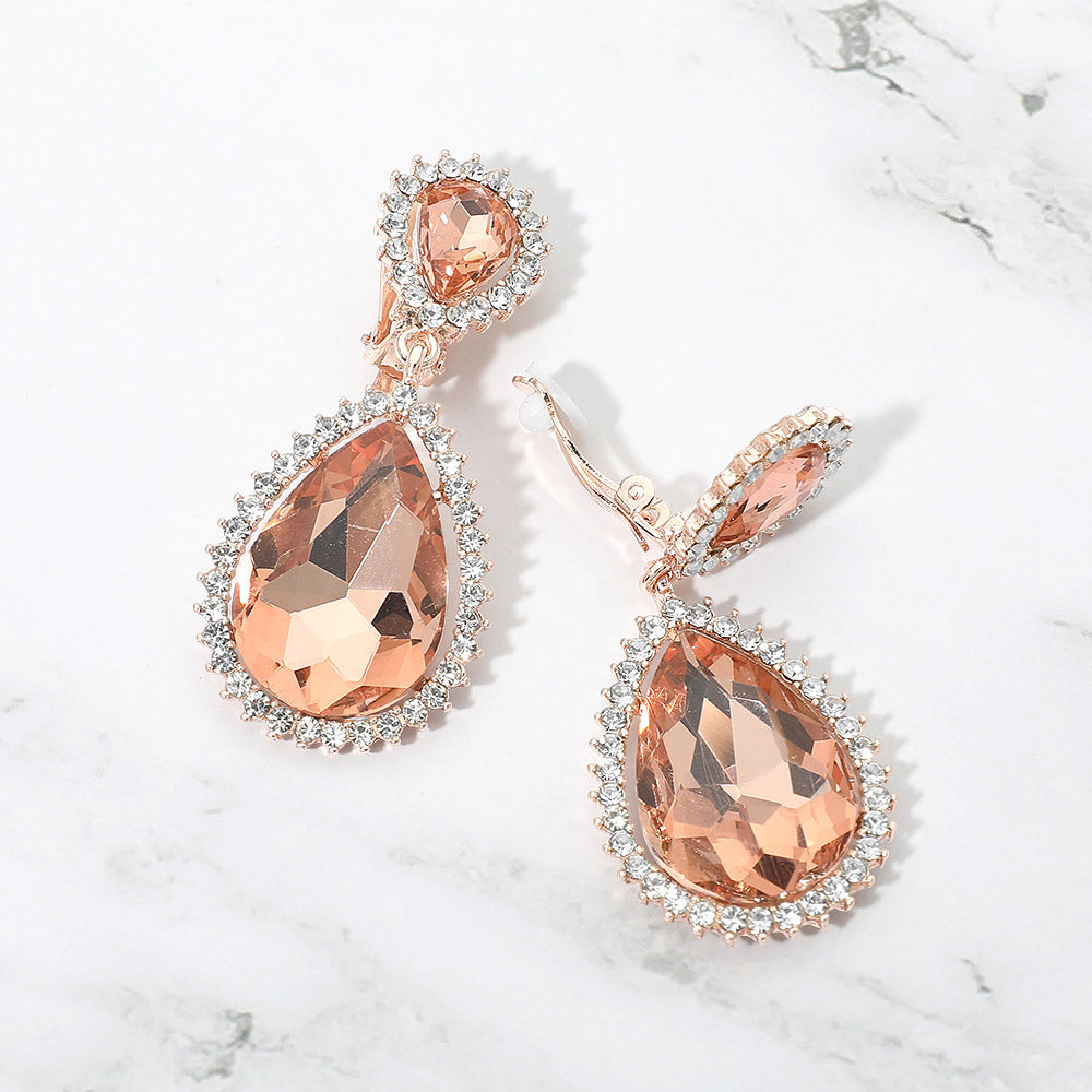 Madeline Love Peach, Rose Gold Crystal Pave Trim Teardrop clip on Earrings