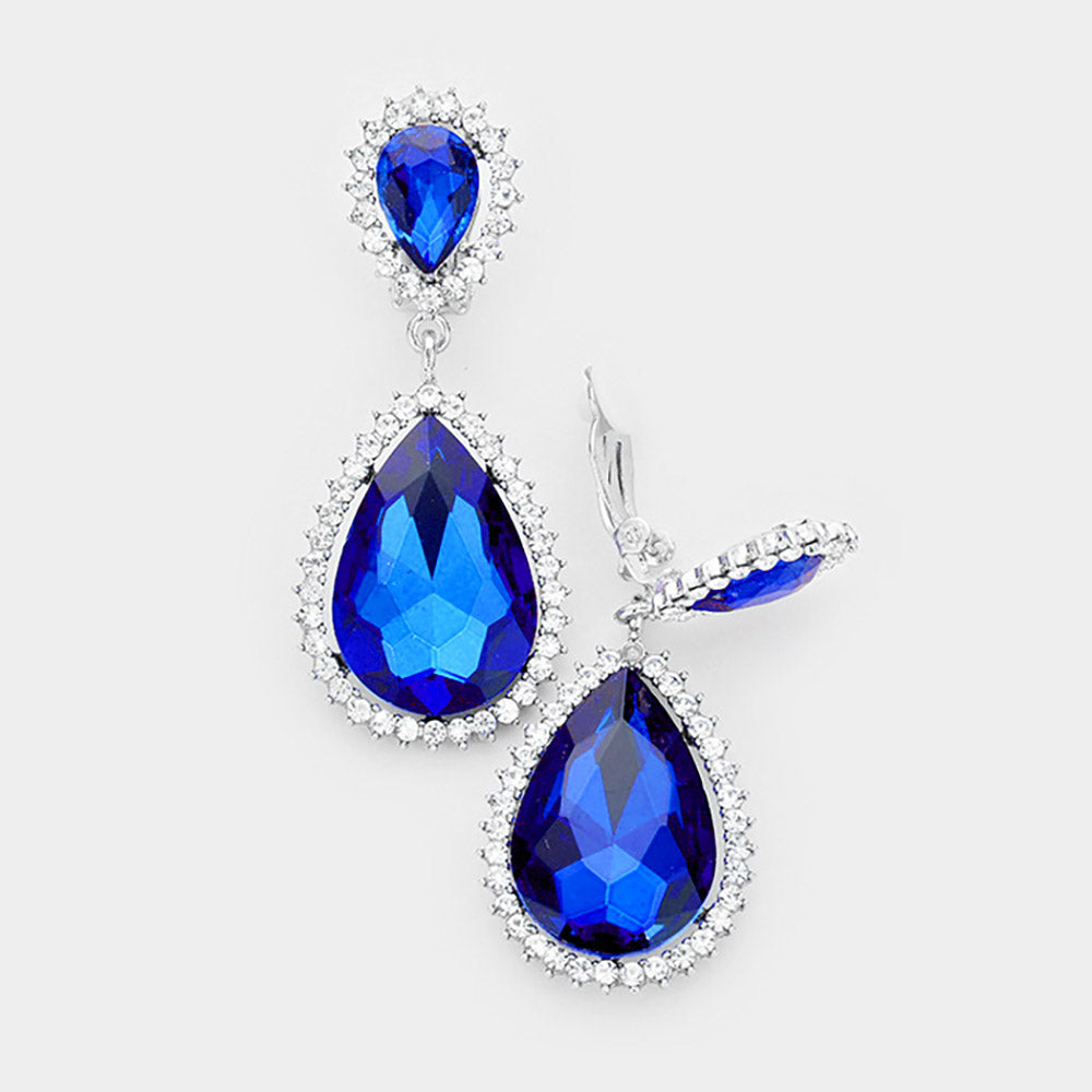 Madeline Love Rhodium, Royal Blue Crystal Pave Trim Teardrop clip on Earrings