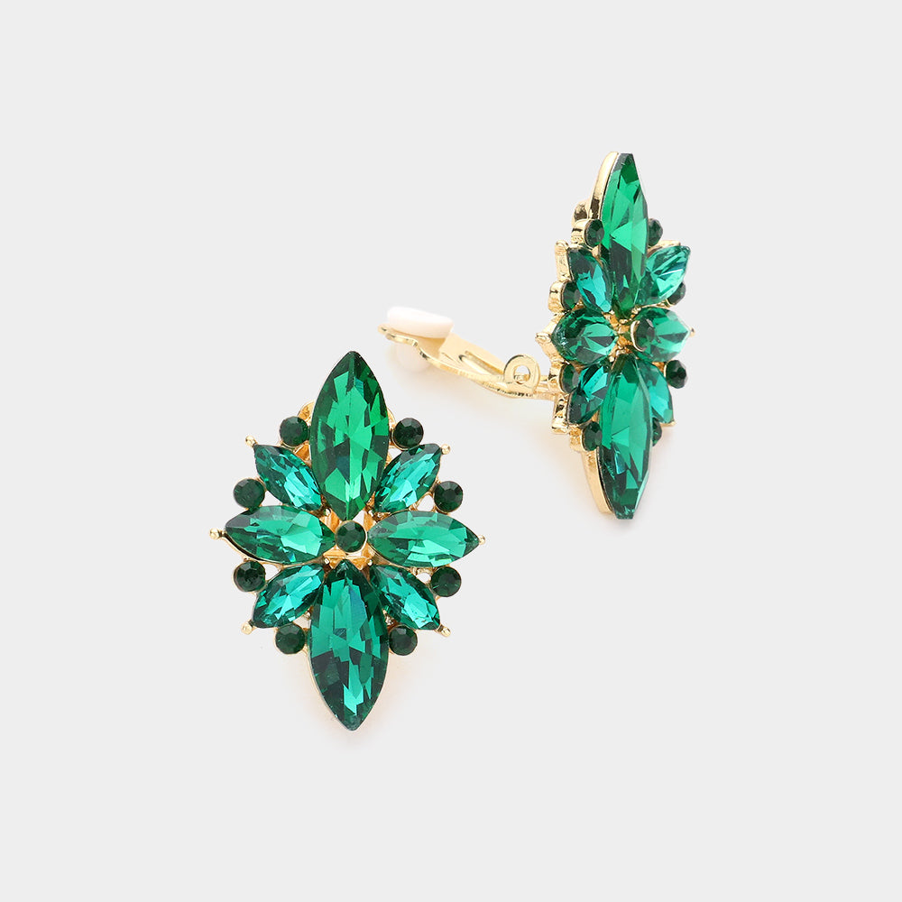 Emerald Marquise Round Stone Cluster Clip on Evening Earrings