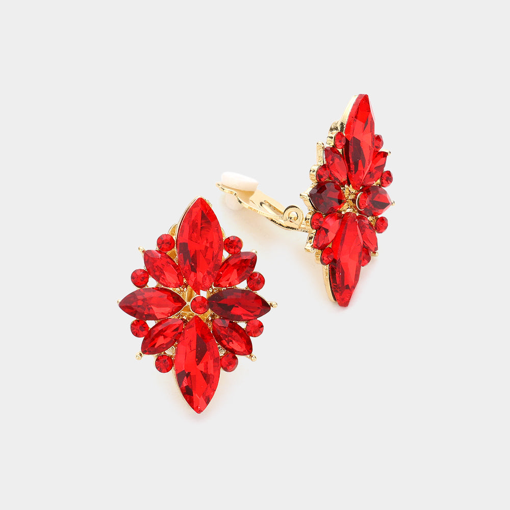 Siam Marquise Round Stone Cluster Clip on Evening Earrings