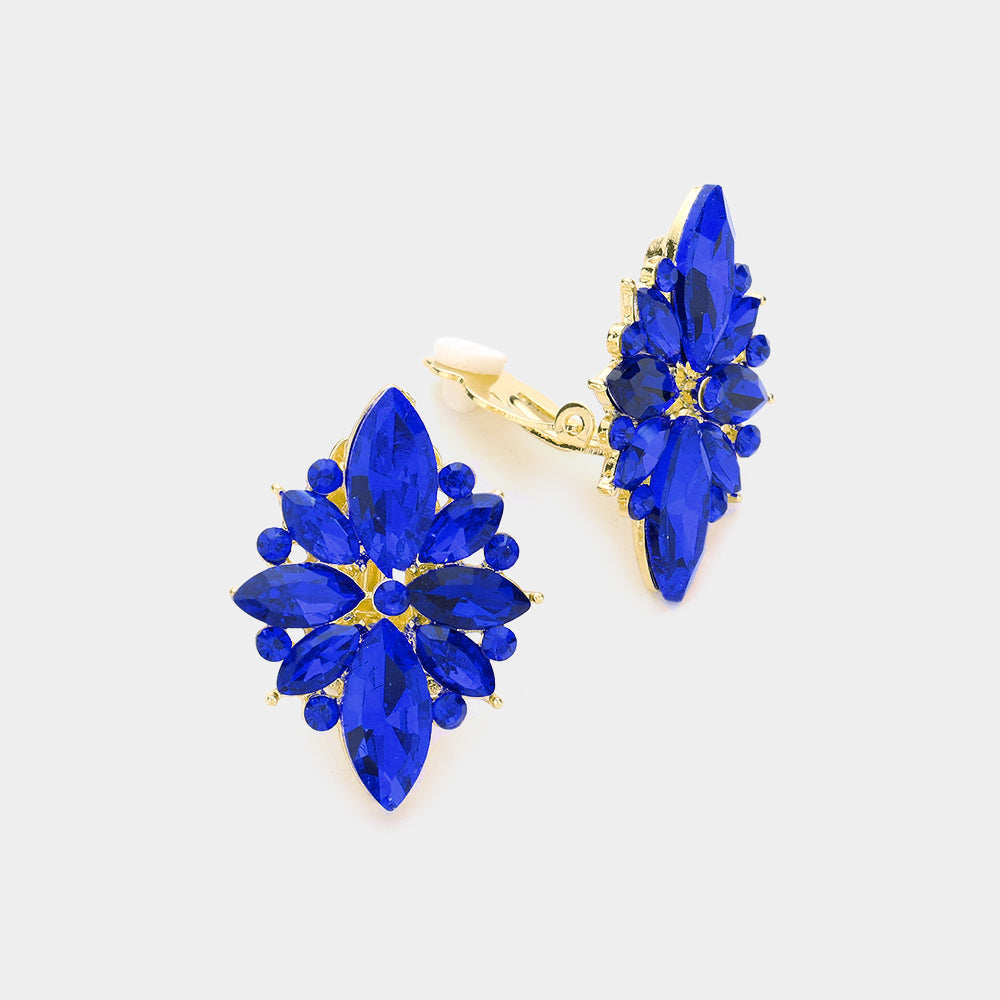 Sapphire Marquise Round Stone Cluster Clip on Evening Earrings