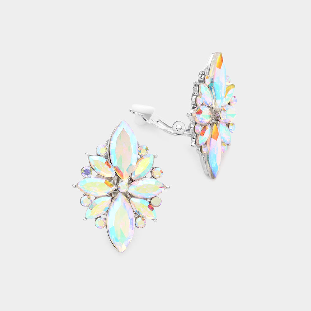 AB, Silver Marquise Round Stone Cluster Clip on Evening Earrings