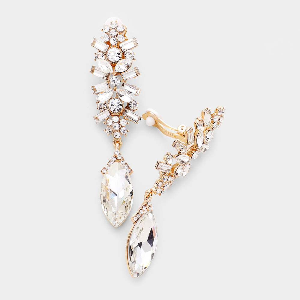 Madeline Love Clear, Gold Crystal Marquise Rhinestone Pave Evening Clip On Earrings