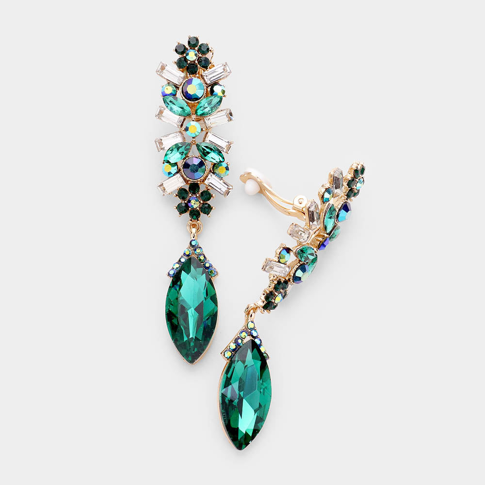 Madeline Love Gold, Green Crystal Marquise Rhinestone Pave Evening Clip On Earrings