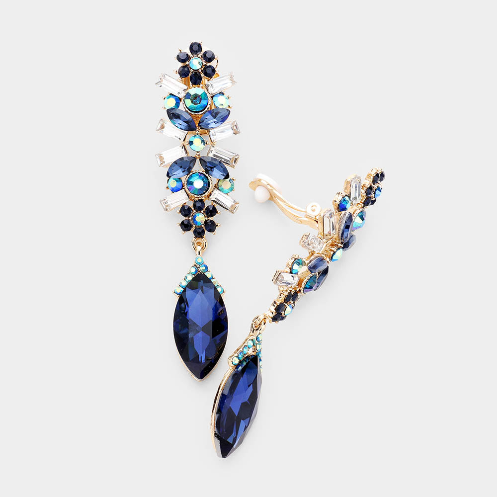 Madeline Love Gold, Navy Crystal Marquise Rhinestone Pave Evening Clip On Earrings