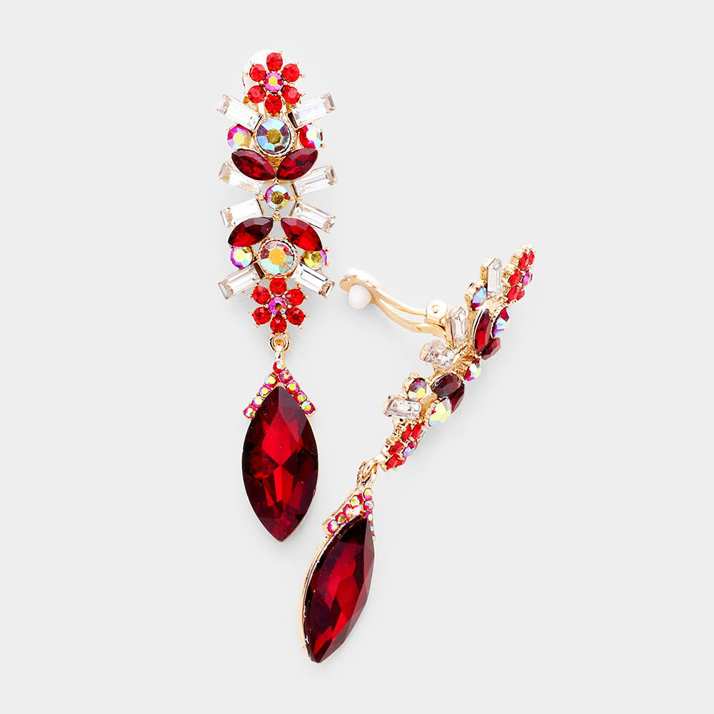 Madeline Love Gold, Red Crystal Marquise Rhinestone Pave Evening Clip On Earrings