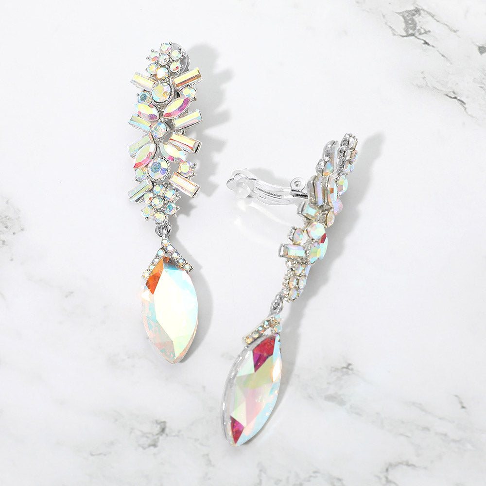 Madeline Love AB, Rhodium Crystal Marquise Rhinestone Pave Evening Clip On Earrings