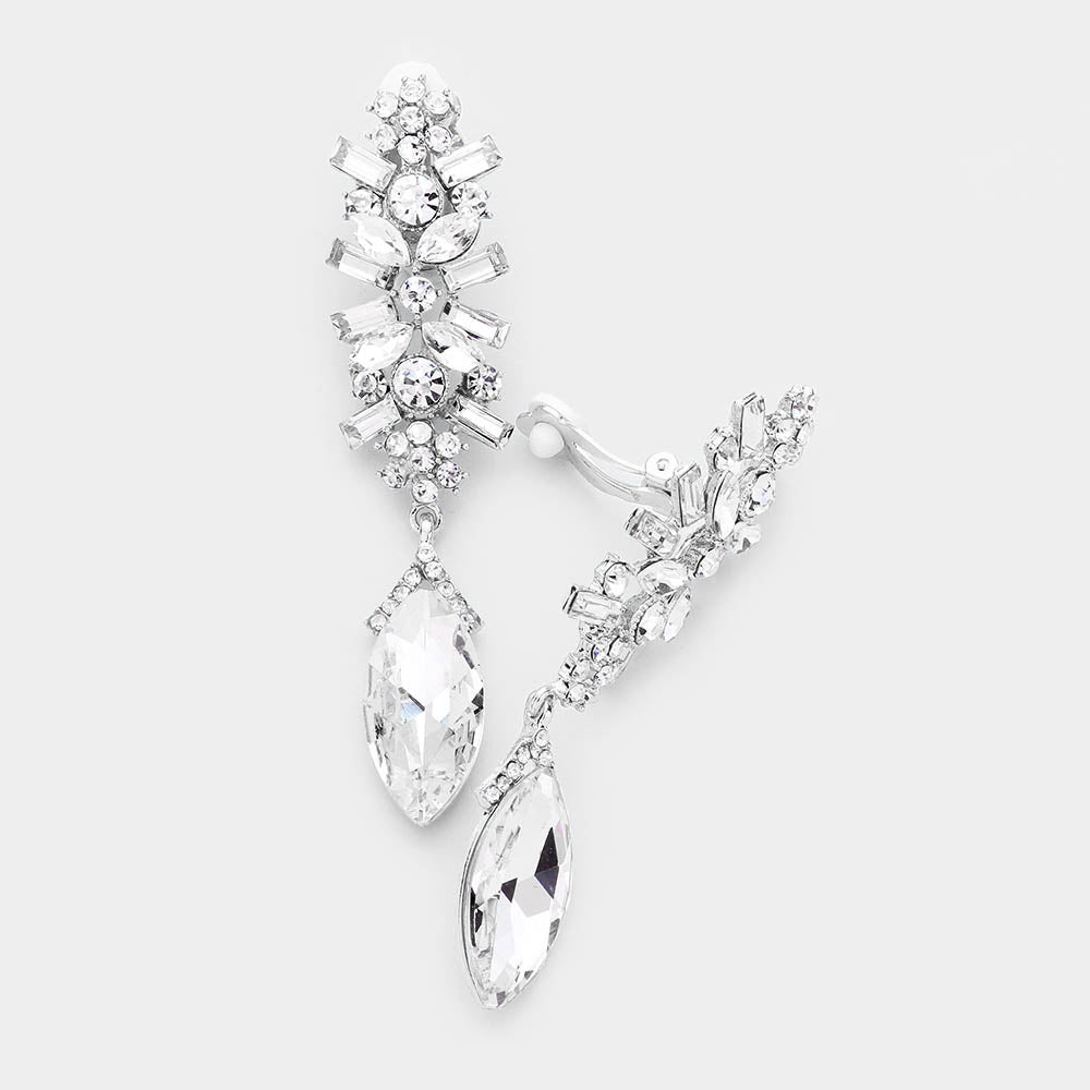 Madeline Love Clear, Rhodium Crystal Marquise Rhinestone Pave Evening Clip On Earrings