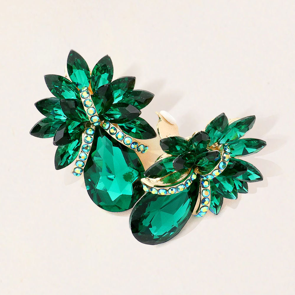 Madeline Love Emerald Teardrop Stone Accented Clip on Evening Earrings