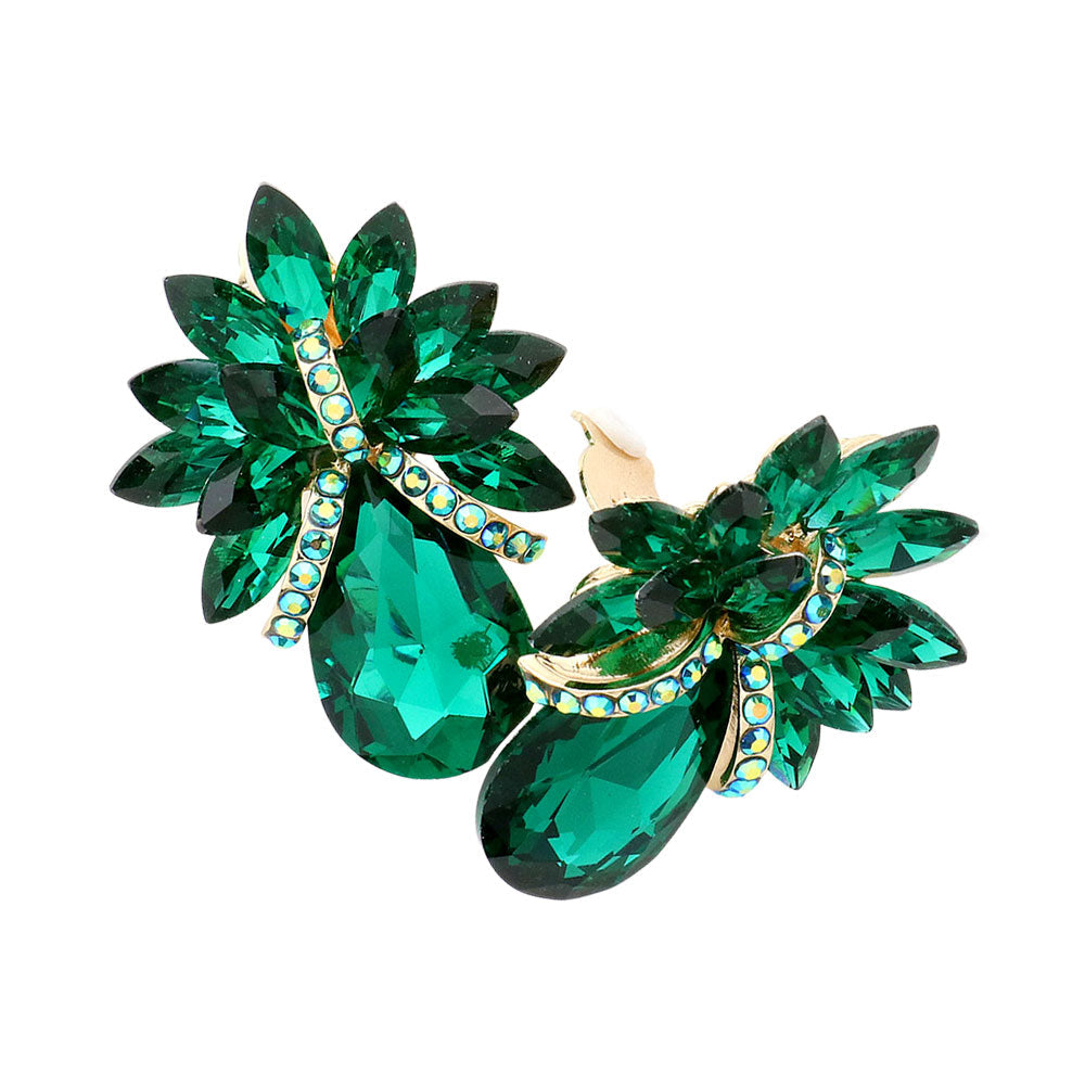 Madeline Love Emerald Teardrop Stone Accented Clip on Evening Earrings - desc