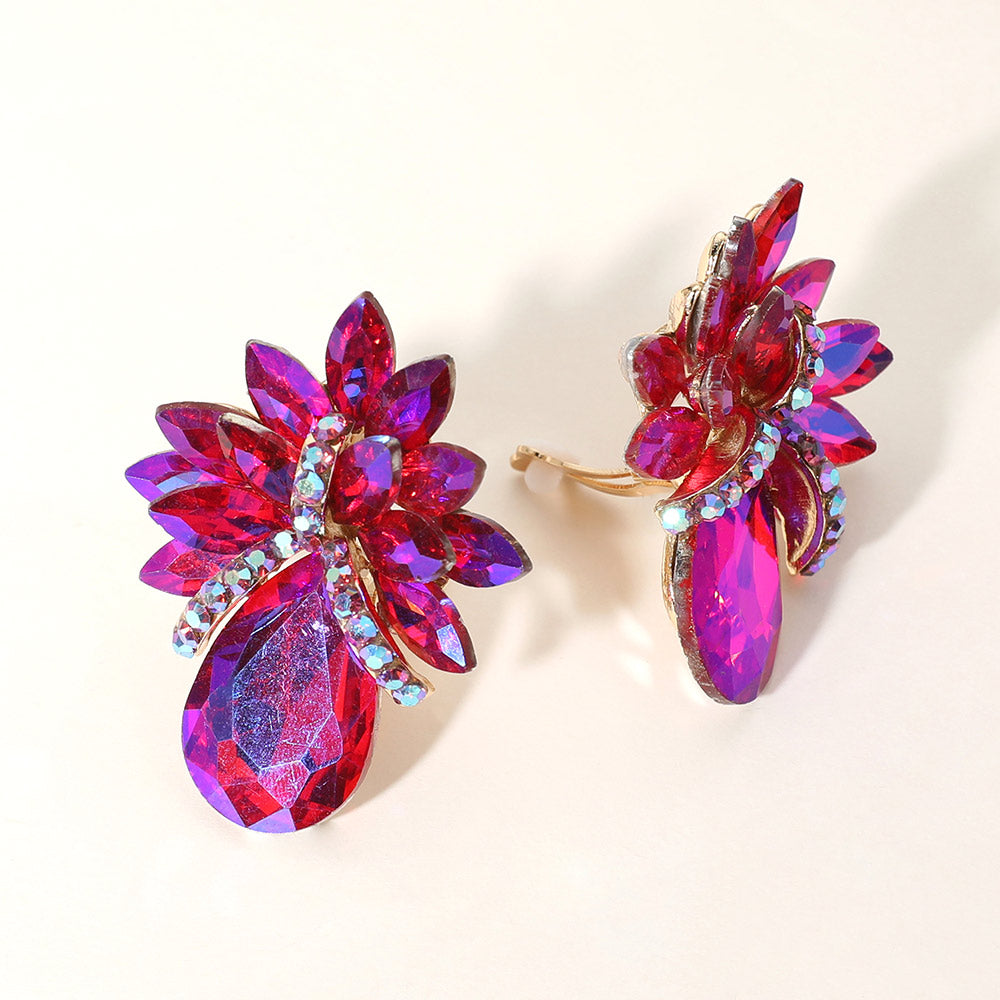 Madeline Love AB, Fuchsia Teardrop Stone Accented Clip on Evening Earrings