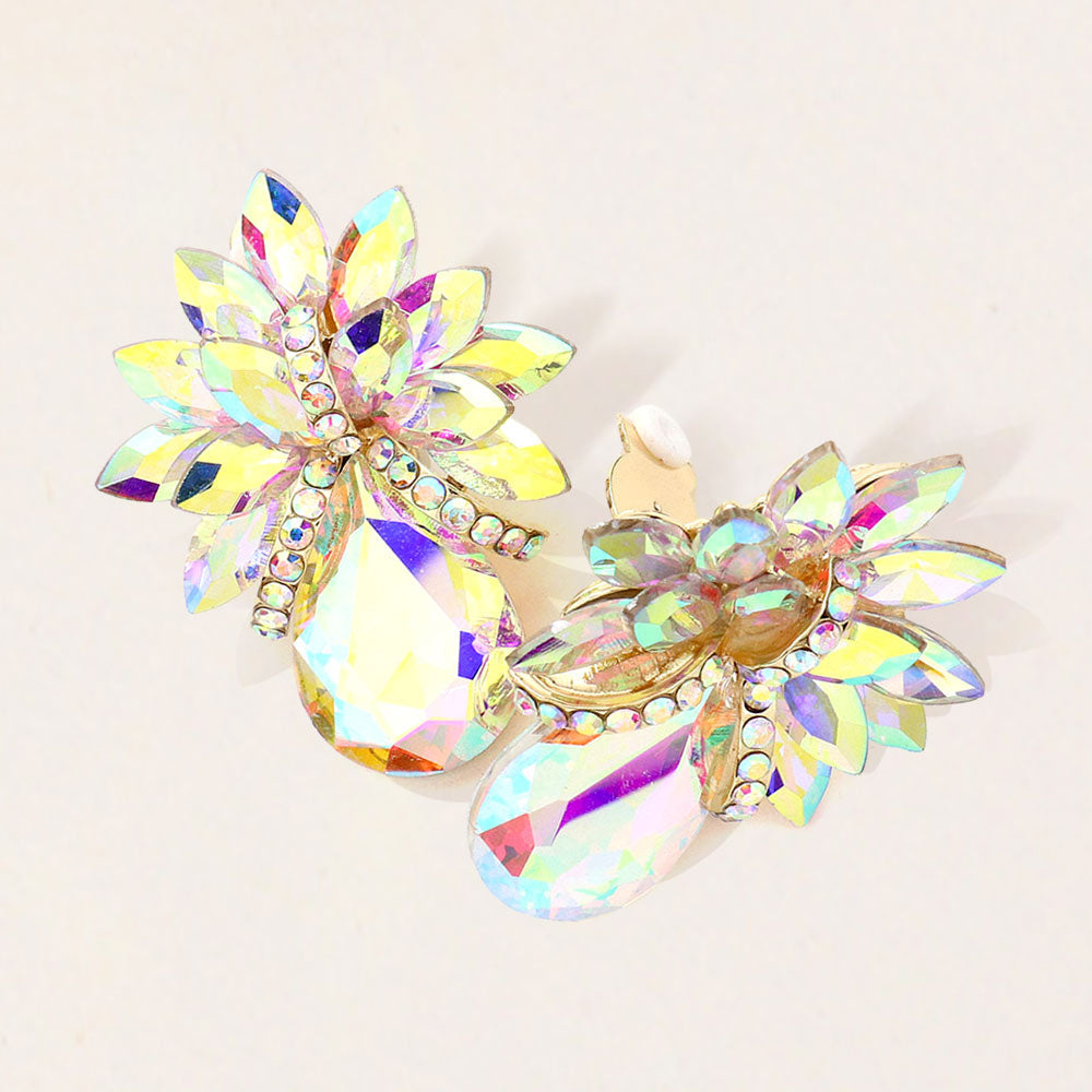 Madeline Love AB, Gold Teardrop Stone Accented Clip on Evening Earrings