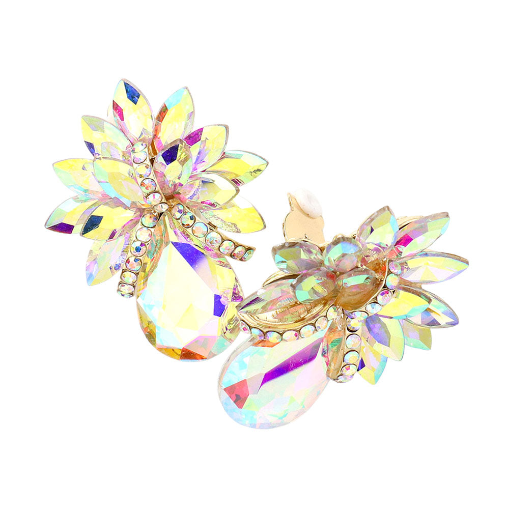 Madeline Love AB, Gold Teardrop Stone Accented Clip on Evening Earrings - desc