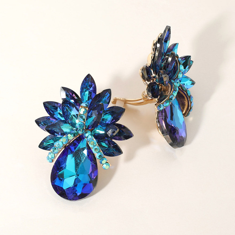 Madeline Love AB, Blue Teardrop Stone Accented Clip on Evening Earrings