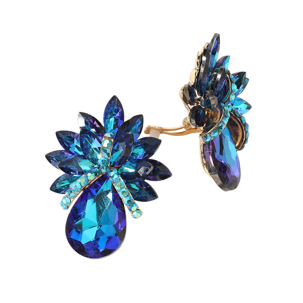 Madeline Love AB, Blue Teardrop Stone Accented Clip on Evening Earrings - desc