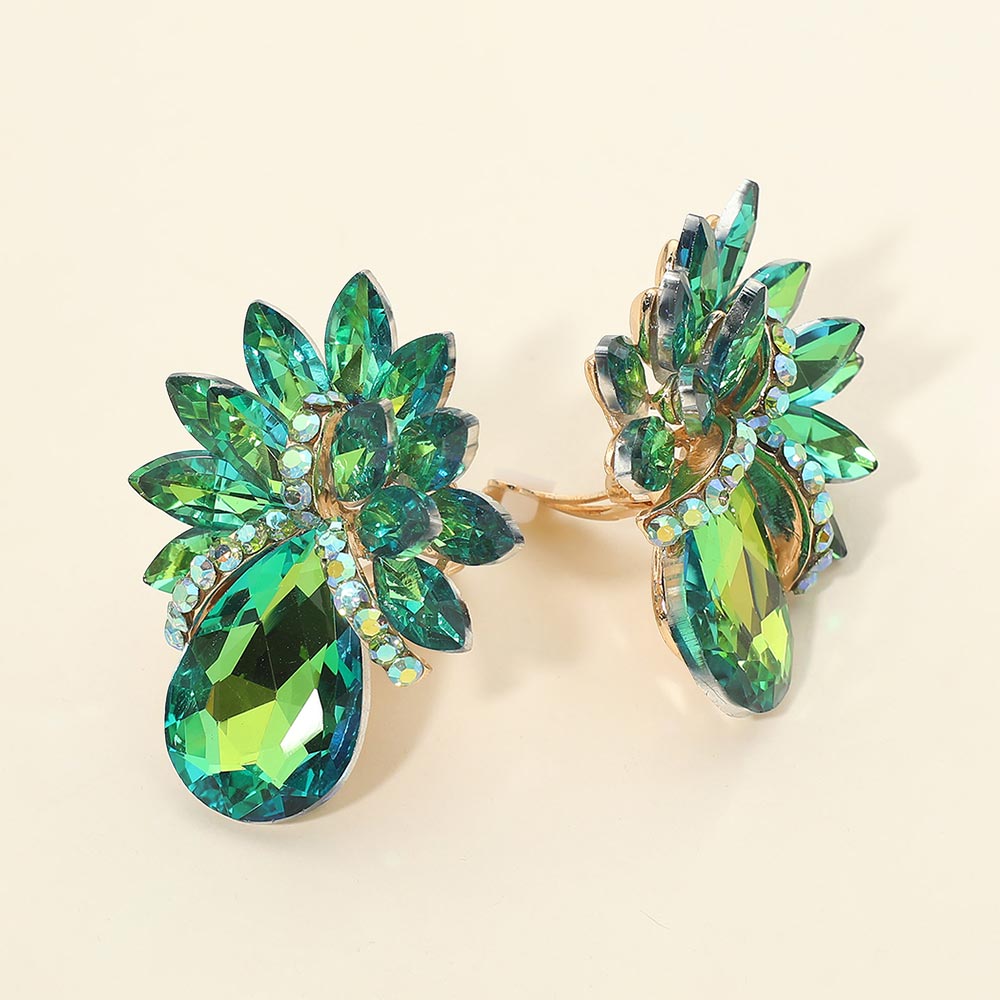 Madeline Love AB, Olive Green Teardrop Stone Accented Clip on Evening Earrings