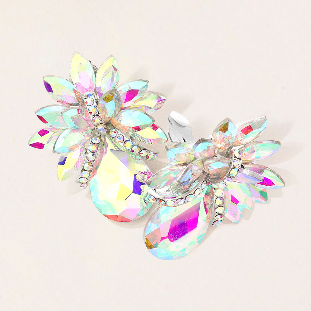 Madeline Love AB, Silver Teardrop Stone Accented Clip on Evening Earrings